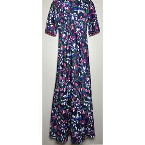 Libelula Silk Maxi Dress Tropical Print Navy Pink Short Sleeve Formal Size US 8
